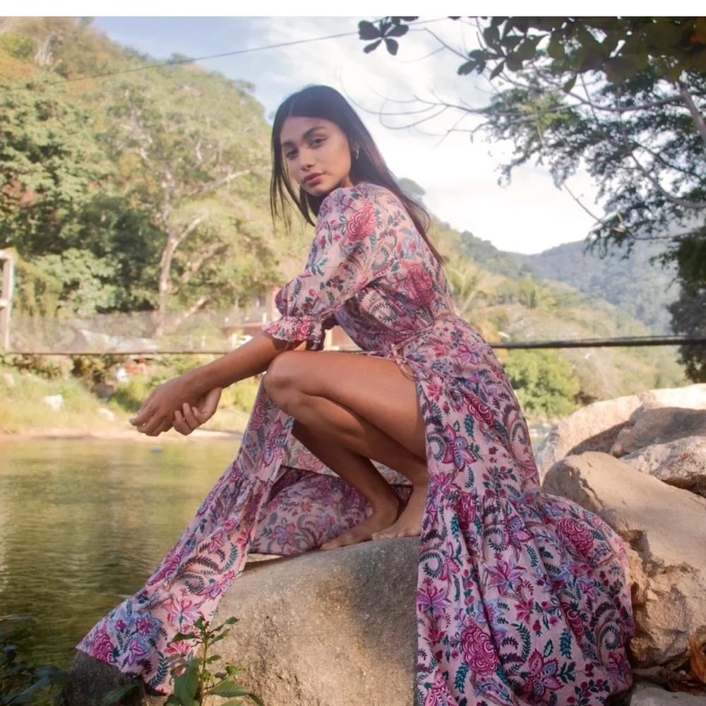 For Love And Lemons Pink and Blue Floral Wrap Maxi Dress - Picture 5 of 14